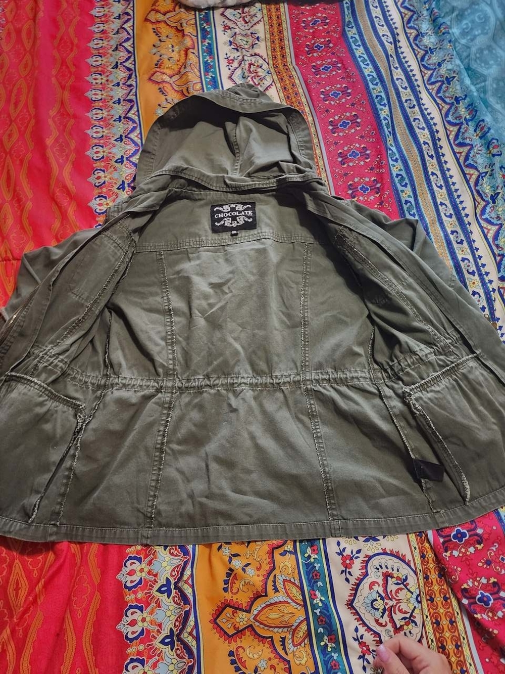 Chocolate Green Utility Hooded Jacket Military Cargo Style Womens Y2K Vintage - Picture 2 of 10